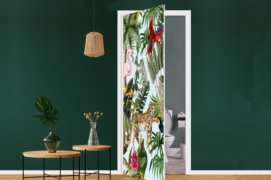 Sticker de porte Jungle - Animaux - Filles - Enfants - Garçons - Flamingo - Perroquet - 95x235 cm - Poster de porte