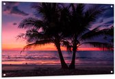 Tuinposter – Twee Palmbomen op het Strand langs de Zee bij Zonsondergang - 120x80 cm Foto op Tuinposter (wanddecoratie voor buiten en binnen)