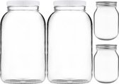 Set de 4 bocaux en verre - 2 bocaux en verre à large ouverture de 3,5 L avec 2 couvercles en plastique hermétiques, 2 bocaux de 473 ml avec 2 couvercles en métal argenté pour la fermentation, le kimchi, le stockage, la mise en conserve