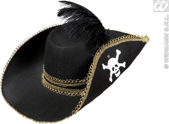 Widmann - Piraat & Viking Kostuum - Piratenhoed Met Schedel En Veren - Zwart - Carnavalskleding - Verkleedkleding