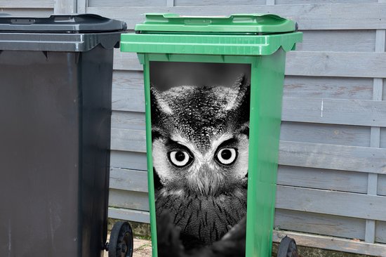 Autocollant conteneur Vogel - Chouette - Portrait - Zwart - Wit - 38x80 cm - Autocollant Kliko