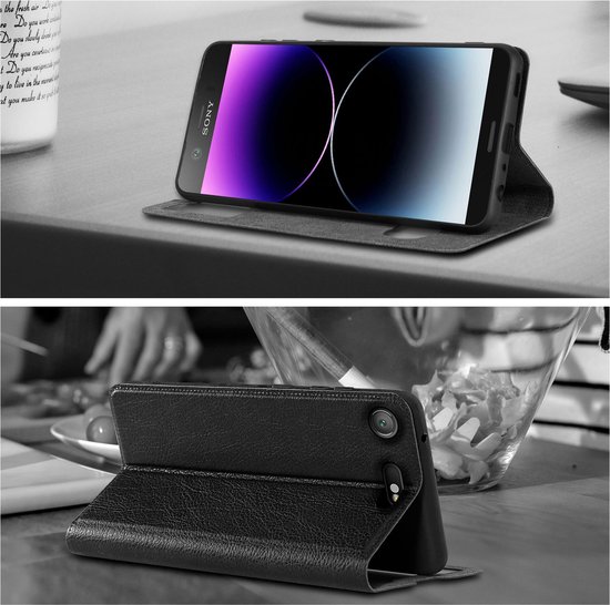 Coque Cadorabo compatible avec Sony Xperia XZ1 COMPACT en NOIR COMET - Coque de protection avec fermeture magnétique, fonction support et 2 fenêtres de visualisation