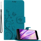 Cadorabo Hoesje geschikt voor OnePlus 5 in BLOEMEN BLAUW - Beschermhoes in bloemmotief met magnetische sluiting, standfunctie en kaartsleuven Book Case Cover Etui
