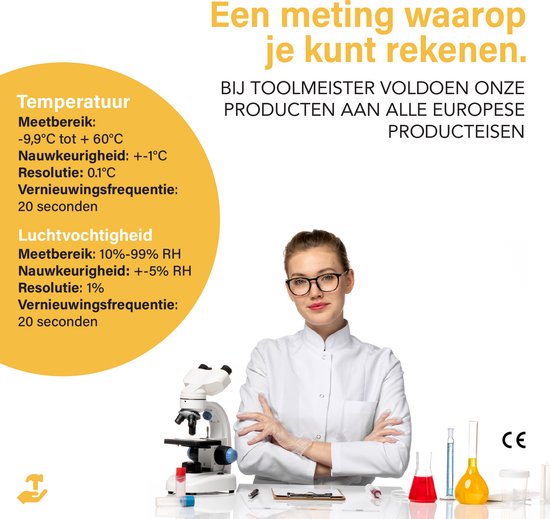 Vrouwelijke wetenschapper in laboratoriumjas met bril, staand met armen gekruist. Naast een microscoop, reageerbuizen en een witte thermometer met metingen.