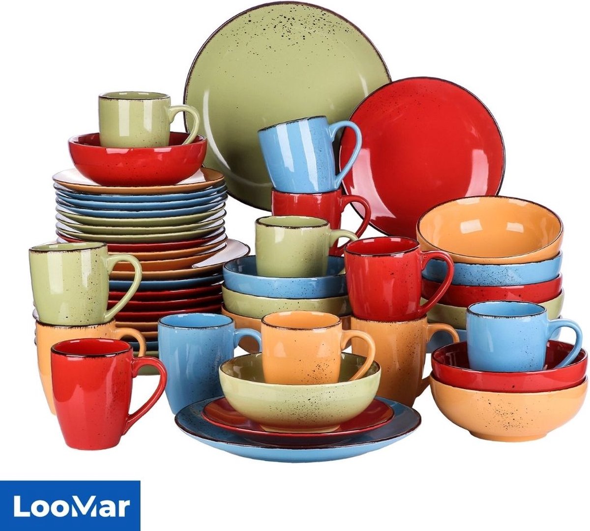 LooMar Luxe Serviesset – 48 delig – 12 persoons – Porselein - Bordenset – Dinner platen – Dessertborden - Kommen - Mokken - Set - Rood - Geel - Groen - Blauw