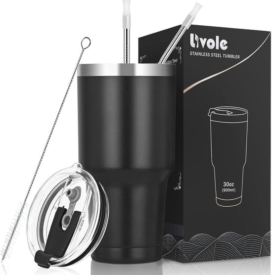 Livole Thermobeker voor mannen en vrouwen, autobeker, koffiebeker-to-go, roestvrijstalen beker met rietje en deksel, dubbelwandige vacuüm geïsoleerde drinkbeker, campingbeker, 900 ml, zwart