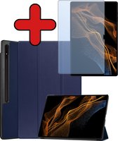 Hoes Geschikt voor Samsung Galaxy Tab S9 Ultra Hoes Book Case Hoesje Trifold Cover Met Uitsparing Geschikt voor S Pen Met Screenprotector - Hoesje Geschikt voor Samsung Tab S9 Ultra Hoesje Bookcase - Donkerblauw