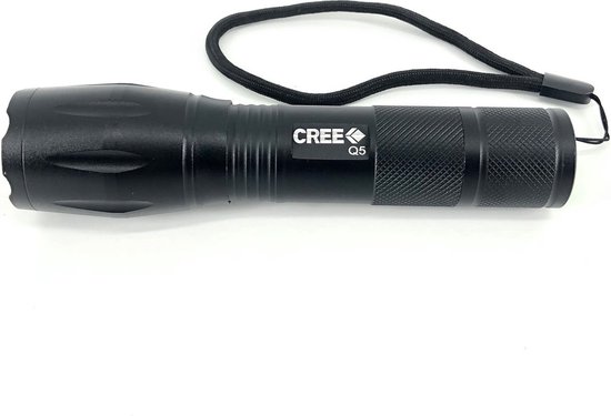 Zwarte LED zaklamp met een polsbandje en het "CREE Q5" logo.