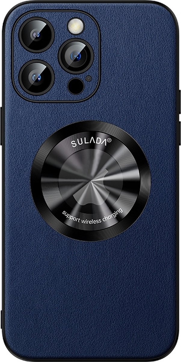 Sulada Soft case Microfiber leer en shockproof en lensbeschermer met magnetische ring voor de iPhone 14 Pro Max Blauw
