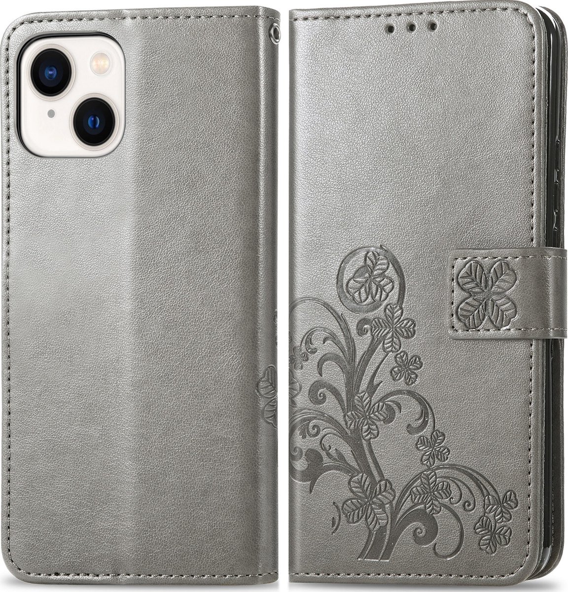 Mobigear Telefoonhoesje geschikt voor Apple iPhone 15 Plus Hoesje | Mobigear Clover Bookcase Portemonnee | Pasjeshouder voor 3 Pasjes | Telefoonhoesje voor Pinpas / OV Kaart / Rijbewijs - Grijs