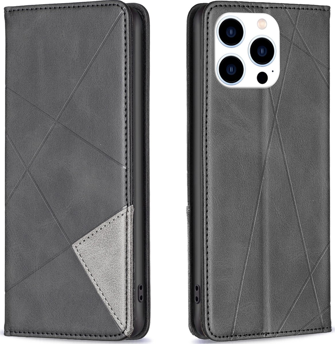 Mobigear Telefoonhoesje geschikt voor Apple iPhone 15 Plus Hoesje | Mobigear Rhombus Slim Bookcase | Pasjeshouder voor 2 Pasjes | Telefoonhoesje voor Pinpas / OV Kaart / Rijbewijs - Zwart