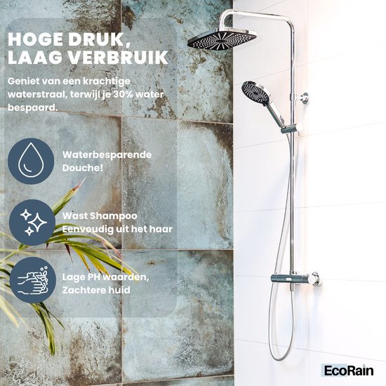 EcoRain© 30% Waterbesparende Regendouchekop Melvin 30 CM Rechthoekig - Hoge Druk - Universele Aansluiting - Anti-kalk Douchekop - 2 jaar garantie - Chroom