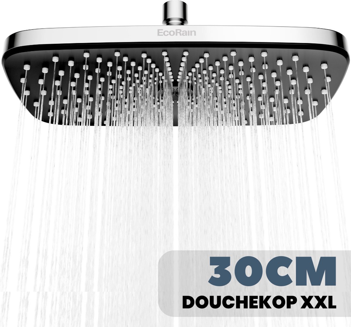 EcoRain© Regendouchekop XL 30 CM - Waterbesparende Douchekop - Hoge Druk - Rechthoekig - Groot - Regendouche - Chrome