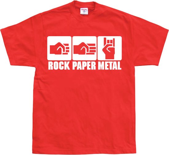 Rood T-shirt met witte 'ROCK PAPER METAL' opdruk en iconen van een vuist, platte hand en metal-gebaar.