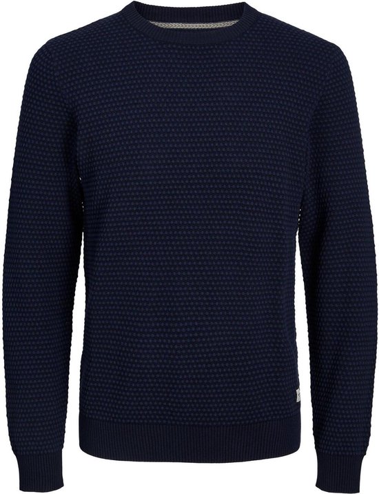 JACK & JONES Atlas knit crew neck slim fit - heren pullover katoen met O-hals - jeansblauw - Maat: M