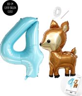 Snoes - Bambi Basis ballon set XXL Cijferballon Baby Blue 4 - Lief Hert + Cijfer Ballon 4 Jaar - Helium Geschikt