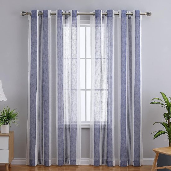 Sheer Gordijnen, met strepen, voile gordijnen met ogen, half transparant, voor woonkamer, slaapkamer, set van 2, BxH 132 x 137 cm, marineblauw