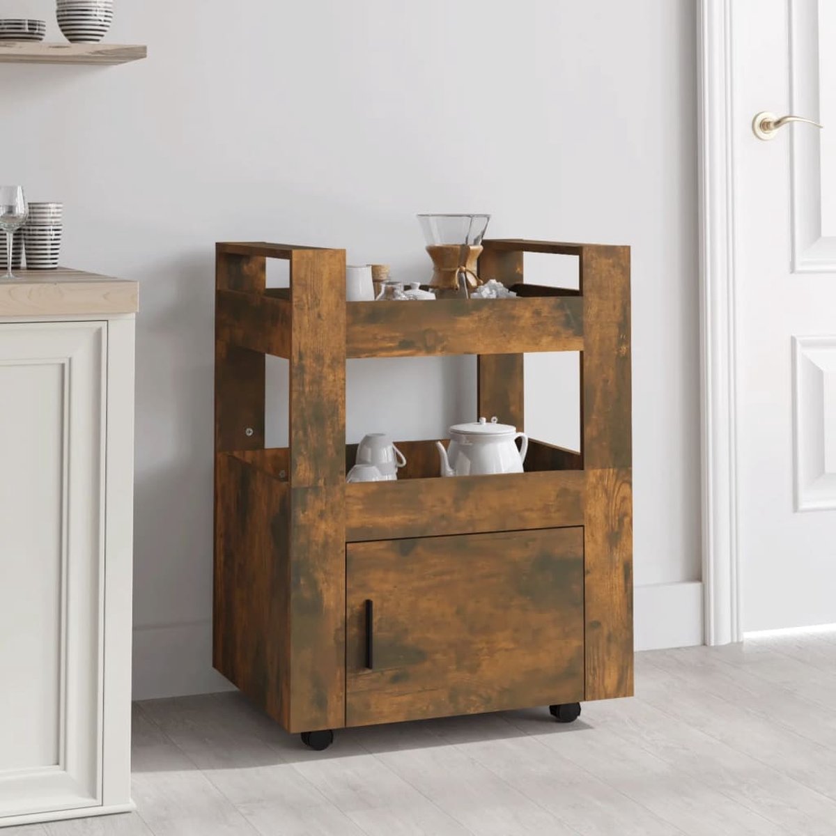vidaXL - Keukentrolley - 60x45x80 - cm - bewerkt - hout - gerookt - eikenkleurig