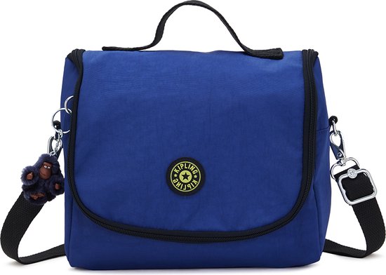 Blauwe Kipling lunchtas met hengsel, verstelbare schouderband en een blauw aapje als sleutelhanger.