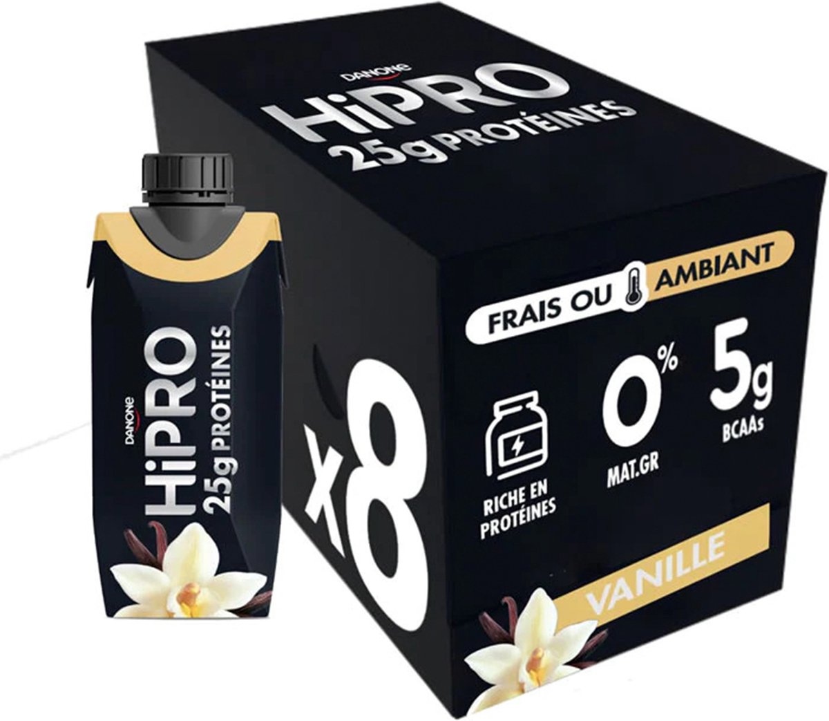 Danone HiPro - Proteïne drank - Vanille - Sportdrank 0% mg - Niet gekoelde brikje met vanillesmaak 25g proteïne - 8 x 330 ml