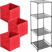 Kastmandjes/opberg manden - rood - 3x stuks van 29 Liter - In metalen rekje van 34 x 98 cm
