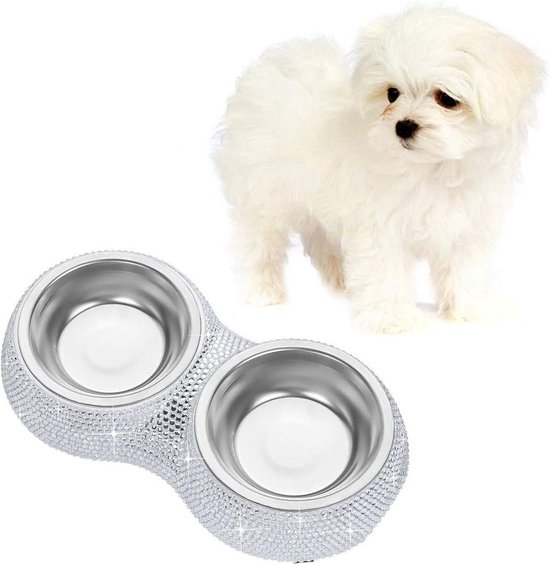 Bling Rhinestone Huisdier Hondenvoer Honden Voerbak Water Voerbak Kom Dubbel