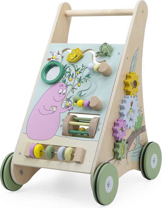 Label Label - Barbapapa Houten Activiteiten Loopwagen - FSC Hout - Met Spiegeltje, Kralenspiraal, Vormenstoof & Tandwieltjes - Geschikt voor Kindjes vanaf 12 Maanden