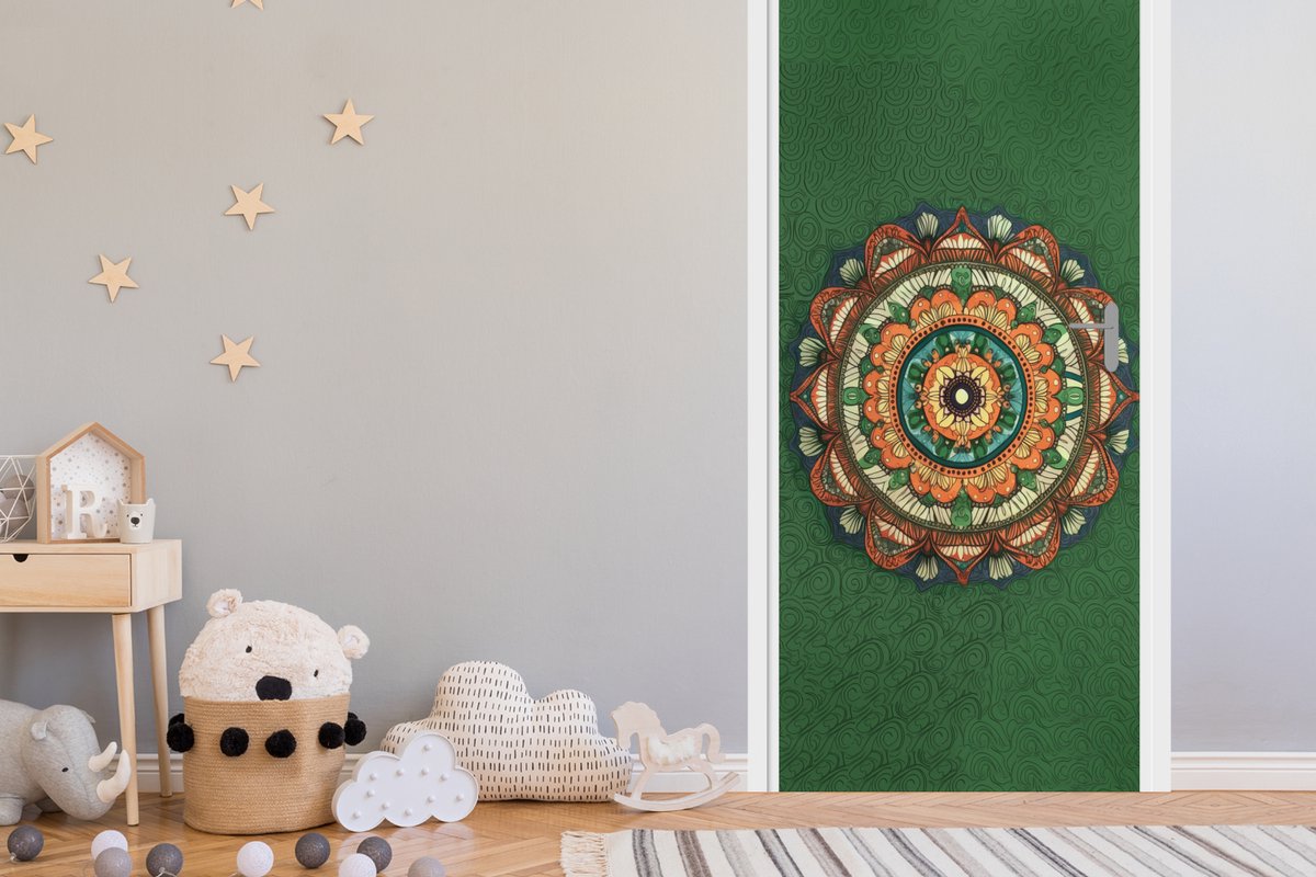 Deurposter 90x235 cm - Deursticker Mandala - Hippie - Bloemen - Oranje - Meubelfolie zelfk