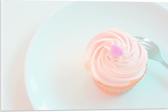 Acrylglas - Roze Cupcake op Bordje met Vork - 60x40 cm Foto op Acrylglas (Met Ophangsysteem)