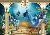 Fotobehang - Vlies Behang - Onderwaterwereld met Zeemeerminnen en Dolfijnen - 208 x 146 cm