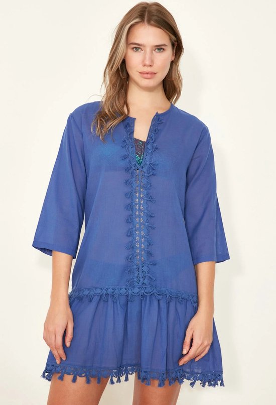 Blauwe Pareo Strandkleding -One size- Mini jurk Pareo van 100% katoen - Strandjurk voor dames, bikini cover-up ,strandponcho, pareo, mini-jurk, beachwear-Moeder dag Cadeau