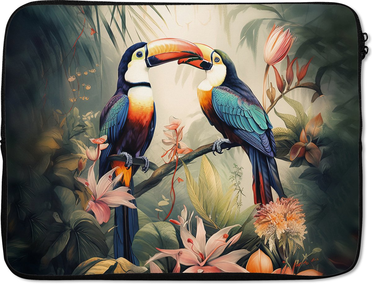 Laptophoes 17 inch - Toekan - Vogels - Bloemen - Natuur - Jungle - Laptop sleeve - Binnenmaat 41x28 cm - Zwarte achterkant