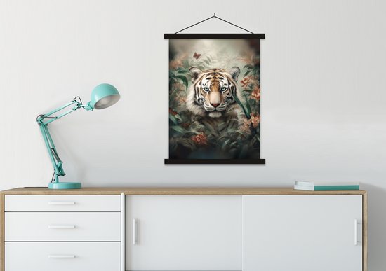 Porte-affiche avec affiche - Affiche scolaire - Tigre - Papillons - Animaux - Jungle - Fleurs - 60x80 cm - Lattes noires