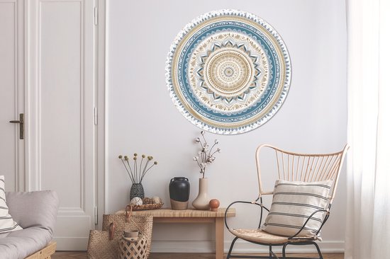 WallCircle - Stickers muraux - Cercle Papier Peint - Mandala - Blauw - Bohème - Wit - Design - 120x120 cm - Cercle Mural - Auto Adhésif - Sticker Papier Peint Rond XXL