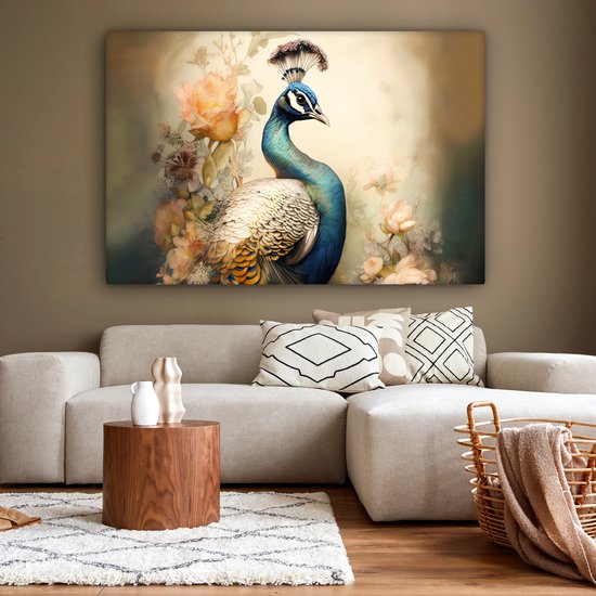 Tableau sur toile Paon - Plumes de paon - Fleurs - Vogels - Botanique - 180x120 cm - Décoration murale XXL