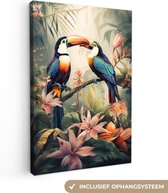 Canvas Schilderij Toekan - Vogels - Bloemen - Natuur - Jungle - 40x60 cm - Wanddecoratie