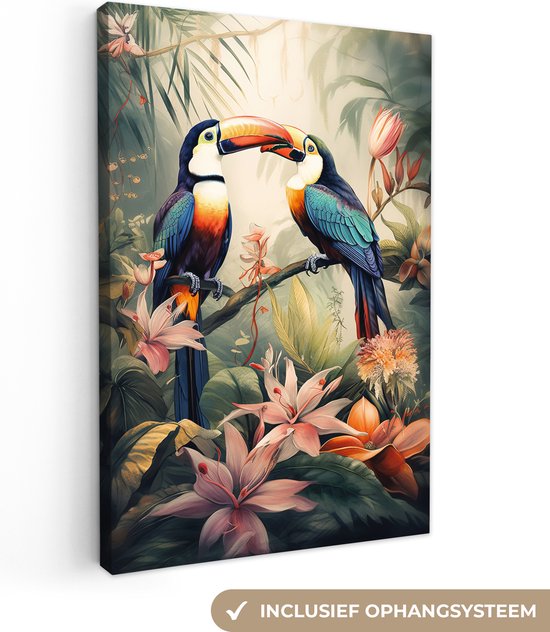 Canvas schilderij 40x60 cm - Wanddecoratie Toekan - Vogels - Bloemen - Natuur - Jungle - Muurdecoratie woonkamer - Slaapkamer decoratie - Kamer accessoires - Schilderijen