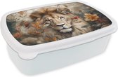 Broodtrommel Wit - Lunchbox - Brooddoos - Leeuw - Wilde dieren - Planten - Natuur - Bloemen - 18x12x6 cm - Volwassenen