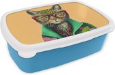 Broodtrommel Blauw - Lunchbox - Brooddoos - Dieren - Kat - Bril - Bloemen - Hippie - 18x12x6 cm - Kinderen - Jongen