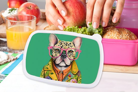 Lunch box Rose - Lunch box - Boîte à pain - Bouledogue - Lunettes - Design - Chien - Animaux - 18x12x6 cm - Enfants - Fille