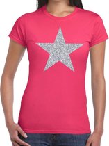 Zilveren ster glitter t-shirt fuchsia roze dames L