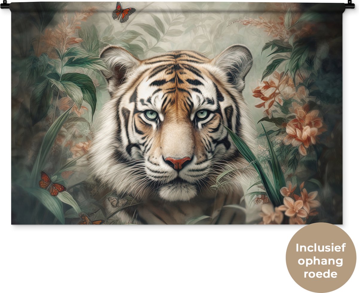 Wandkleed - Wanddoek - Tijger - Vlinders - Dieren - Jungle - Bloemen - 120x80 cm - Wandtapijt