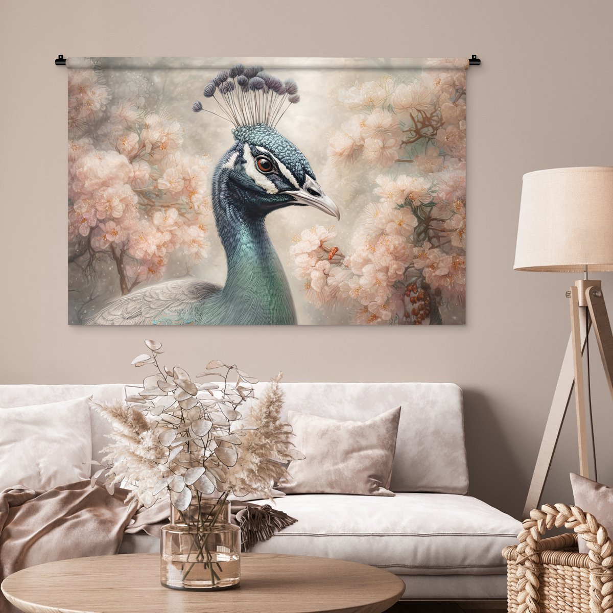 Wandkleed - Wanddoek - Pauw - Vogels - Bloemen - Boom - Botanisch - 120x80 cm - Wandtapijt