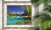 Fotobehang - Vlies Behang - 3D Tropisch Uitzicht op de Helderblauwe Zee - 416 x 254 cm