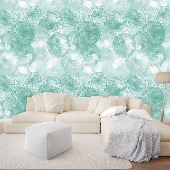 Fotobehang - Vlies Behang - Turquoise bloemen - Kunst - 460 x 300 cm