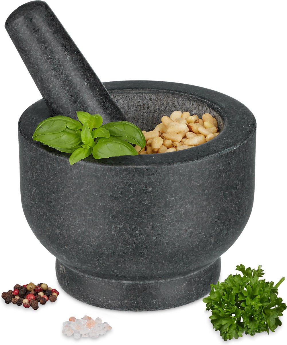 Relaxdays Mortier Et Pilon En Granite Naturel Gris - Diamètre 16 Cm - Idéal Pour Pesto, Épices, Herbes, Guacamole