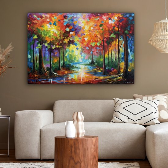 Forêt colorée avec eau et reflets, peinte dans un style impressionniste.