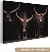 Canvas Schilderij Stieren - Dieren - Bruin - Donker - 120x80 cm - Wanddecoratie