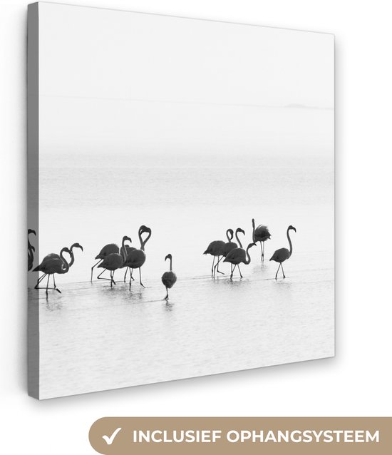 Canvas Schilderij Flamingo's - Water - Natuur - Zwart wit - 20x20 cm - Wanddecoratie