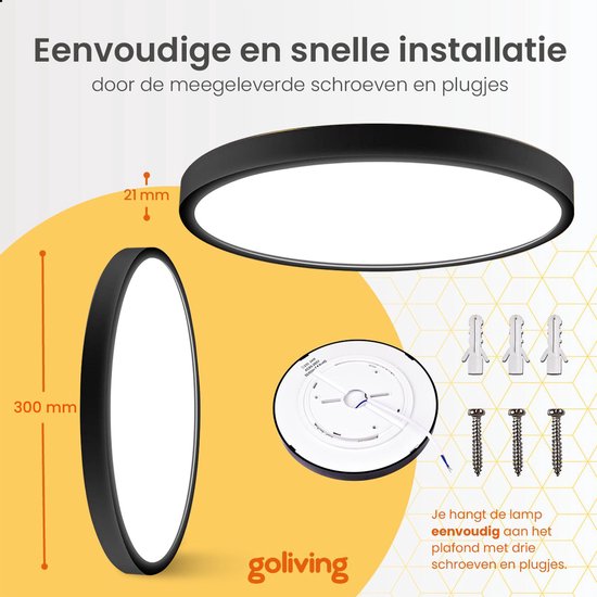 Afmetingen van de zwarte Goliving plafondlamp: 300 mm diameter, 21 mm dik, 160 mm montagehoogte. Inclusief schroeven en pluggen.